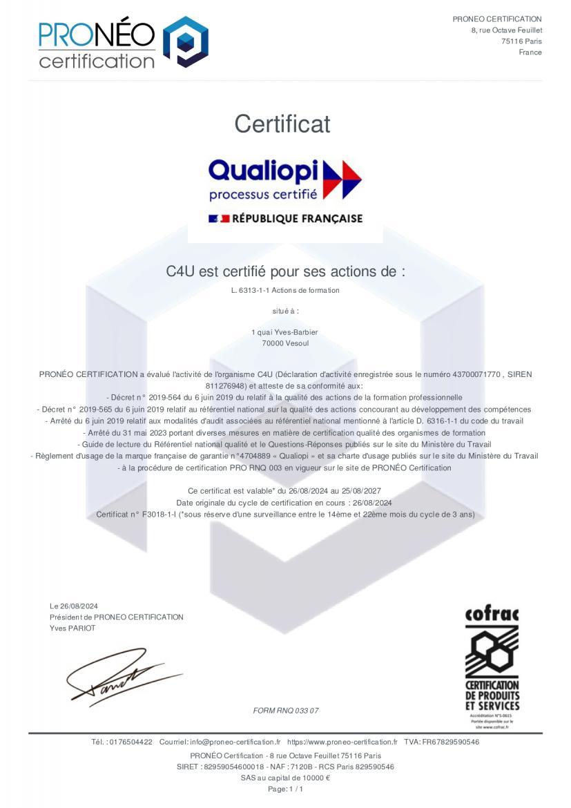 Certificat Qualiopi C4U